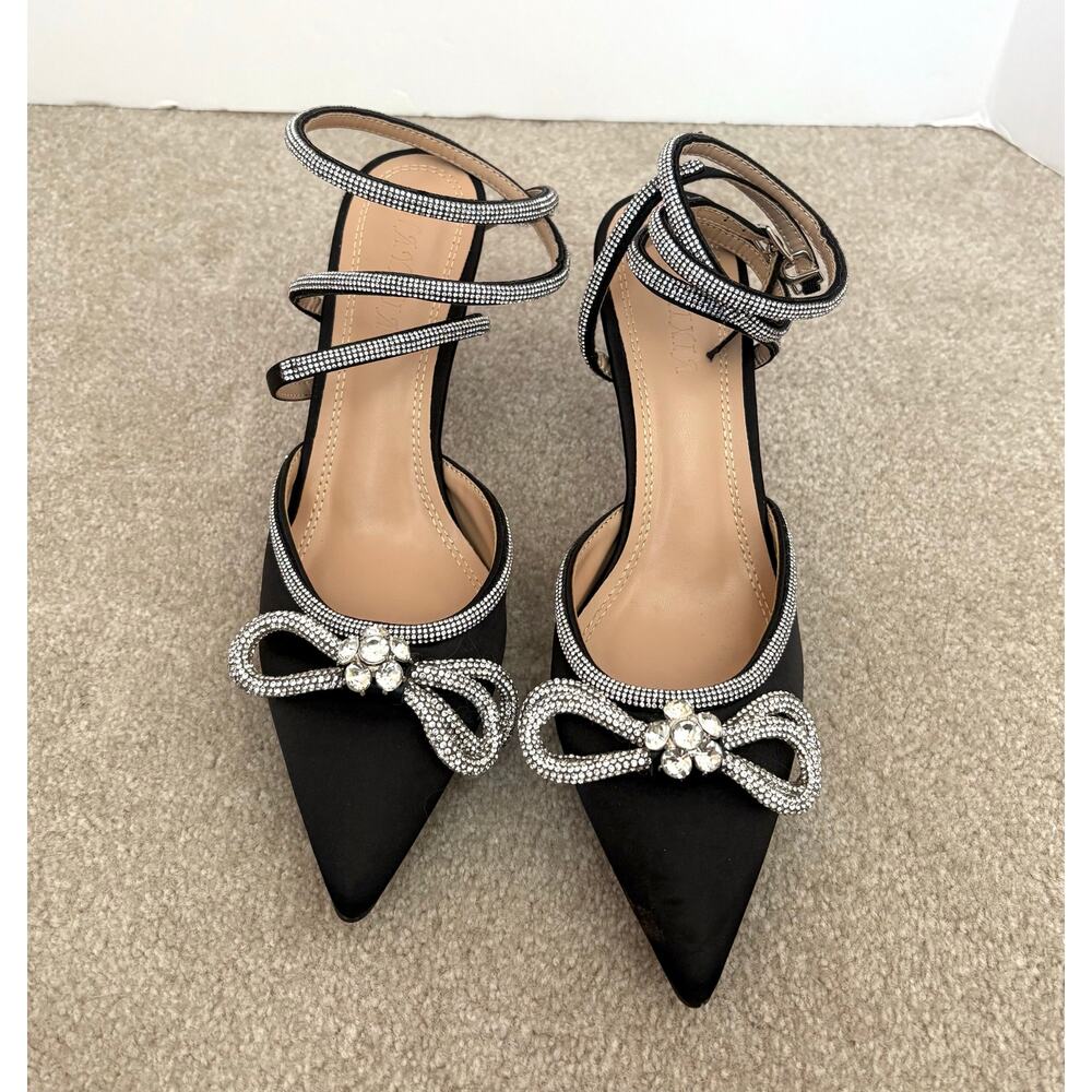 Black Satin Silver Rhinestone Strappy Heels, Hayixia Sandals, Women Size 39, 8.5